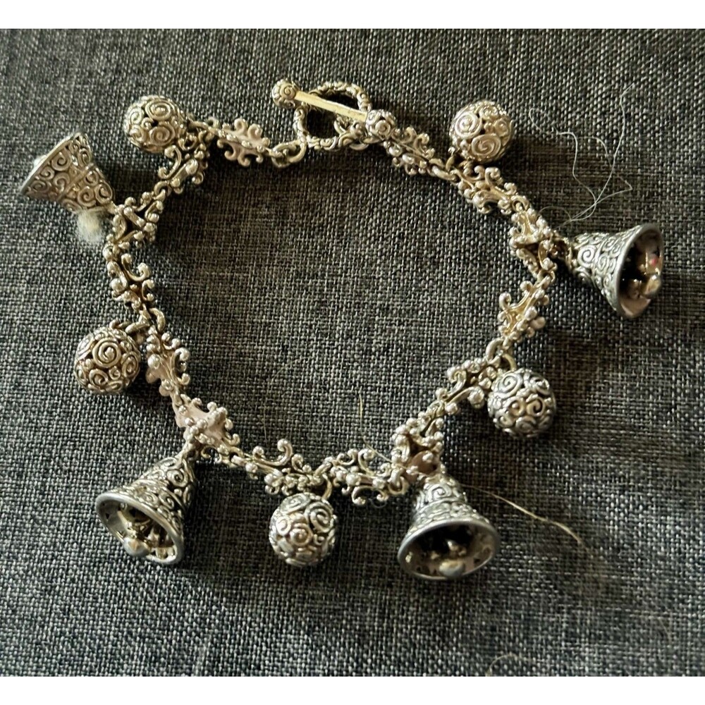 NOVICA INDONESIA STERLING SILVER 925 BOROBUDUR BELL CHARM TOGGLE BRACELET 7.75"